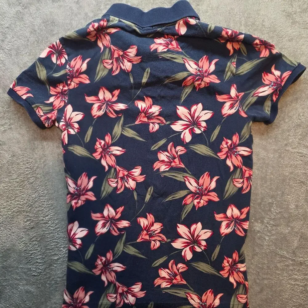Hollister Epic Flex Polo Shirt Mens XS Blue Floral Stretch Jersey Knit Casual